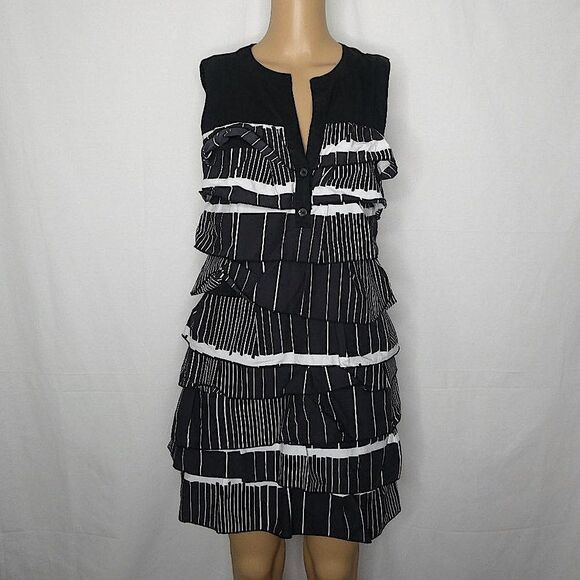 BCBGMaxazria Diana Layered Ruffle Striped Mini Dress XS Split Neck Black White - Picture 2 of 7